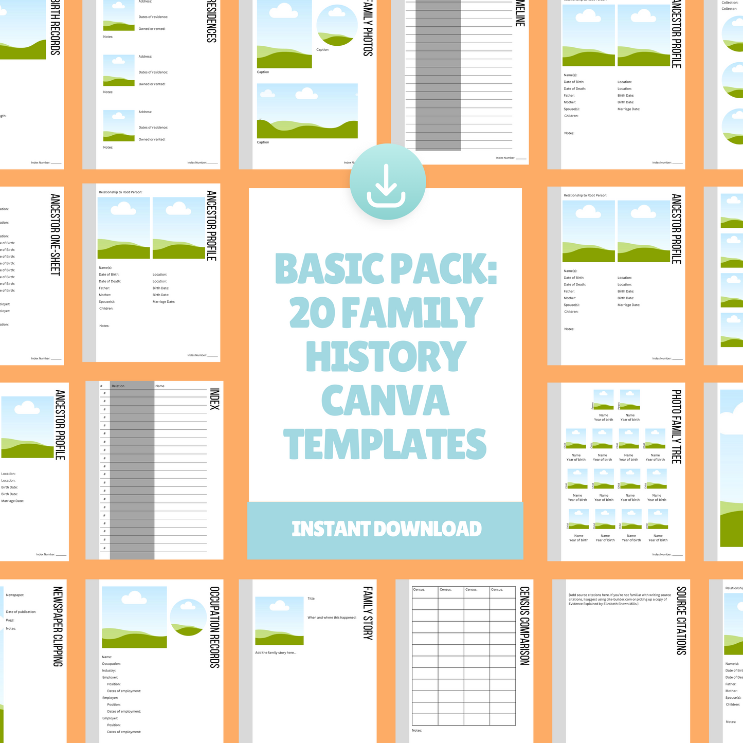 Basic Pack - 20 Family History Templates for Canva