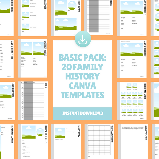 Basic Pack - 20 Family History Templates for Canva