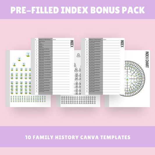 Pre-filled Index Bonus Pack - Family History Templates for Canva